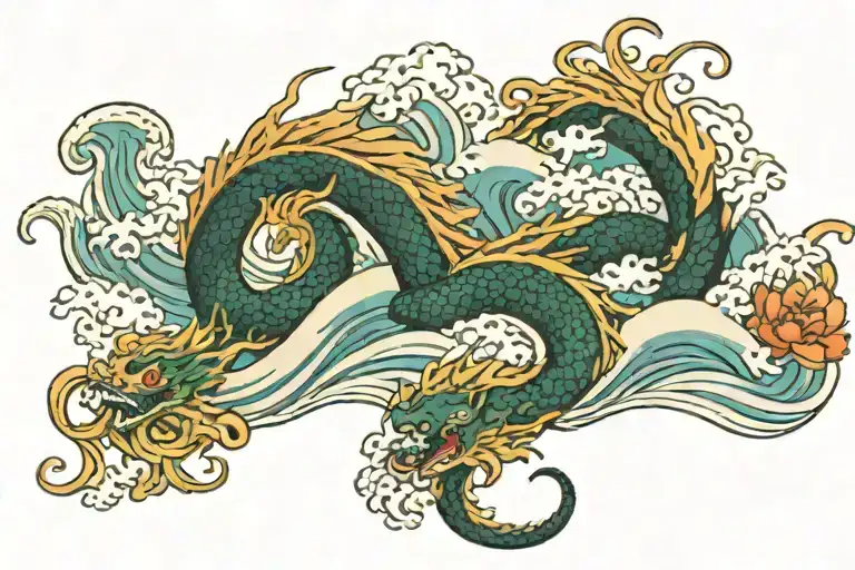 Band With Japanese Wave With Dragon And Lotus Flower