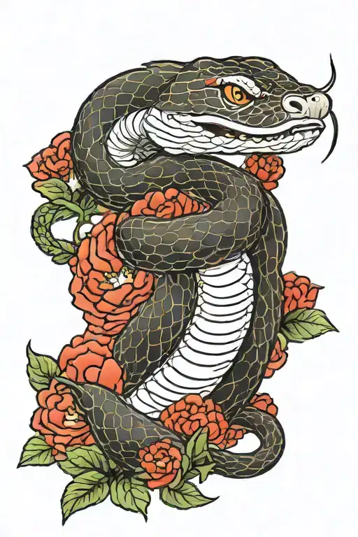 Boiga Melanota Snake With Peony Flower In Its Mouth