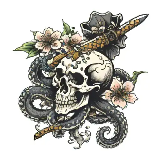 Skull Octopus With Cherry Blossoms Holding A Frog With Sword