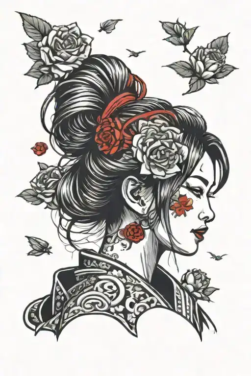 Girl Standing Looking Up To The Sky With Red Roses In Her Hair With Samurai Hairstyle