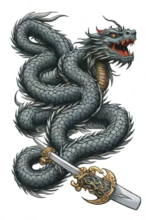 Japanese Dragon Wrapped Around Katana