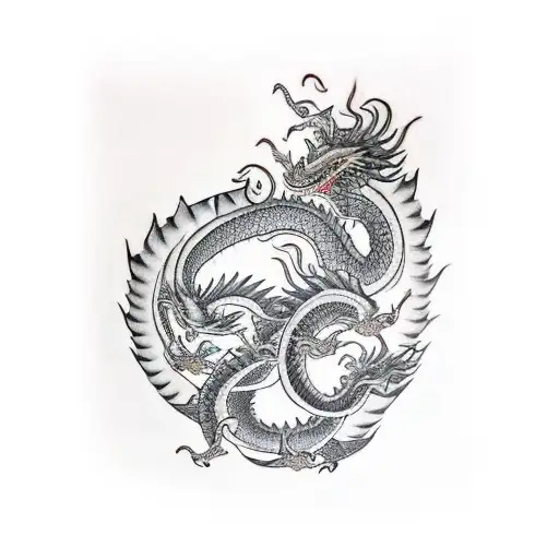 Spine Tattoo Of 3 Dragons With Sun