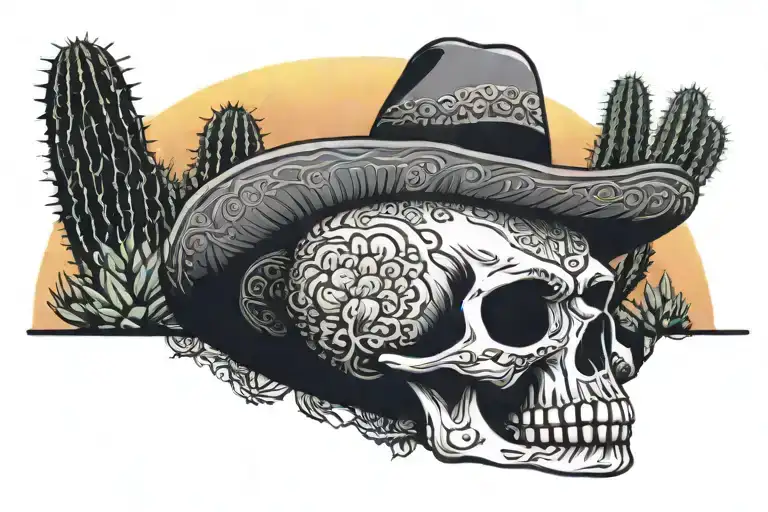 Skull In Sombrero Is Lying In Front Of A Cactus With A Mexican Sunset Behind