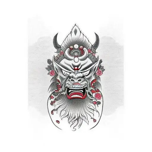 Oni Mask And Cheryblossom Tree