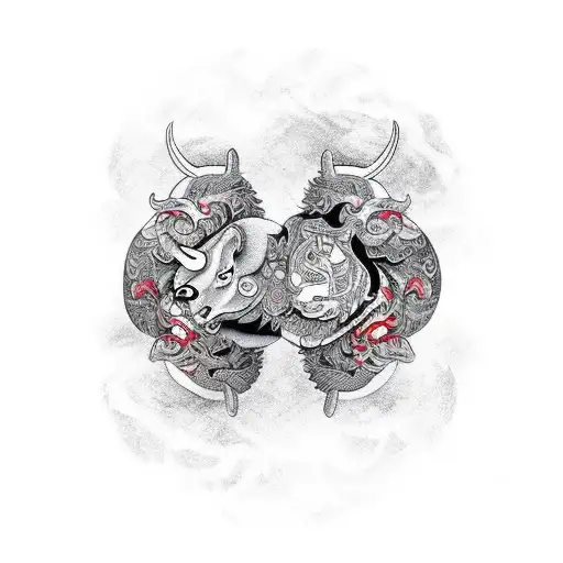 A Bull And Wolf Intertwined In A Yin And Yang Symbol With Anime-style Details