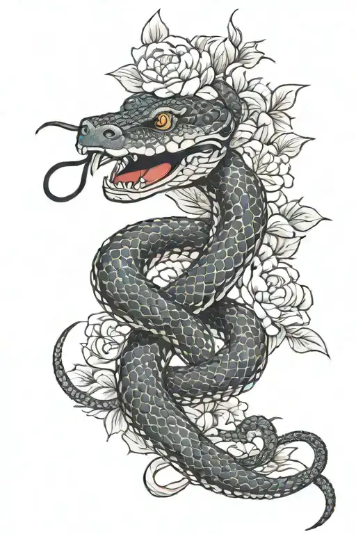 Boiga Melanota Snake With Peony Flower In Its Mouth
