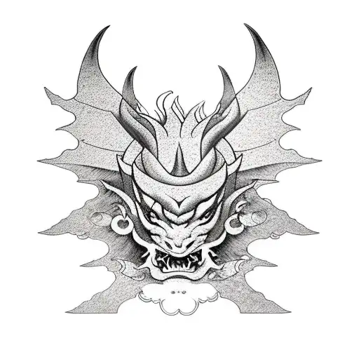 Dragon And Sakura Leaf And Oni Mask