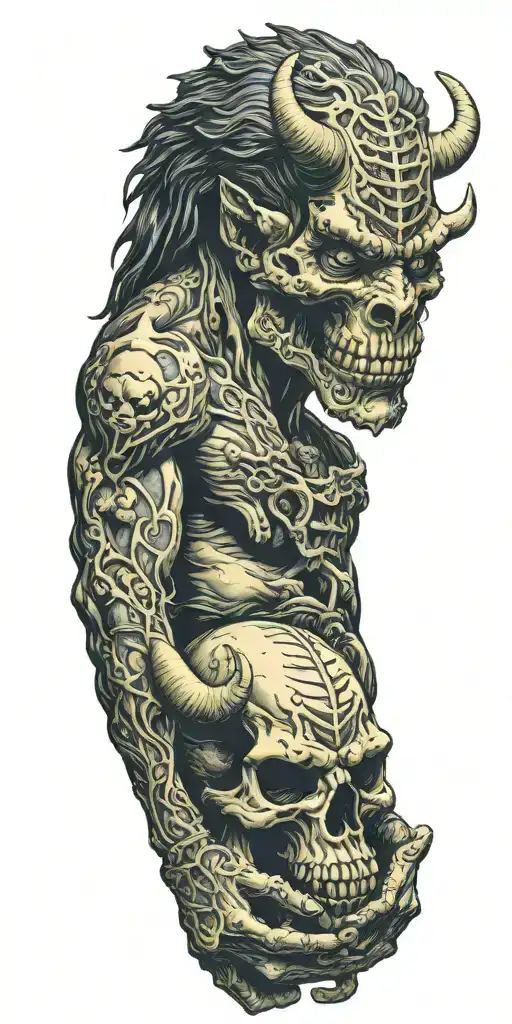 Minotaur Head Holding Alien Skull In Hands