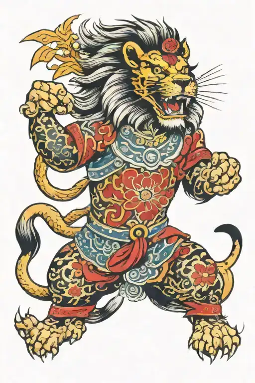 A Traditional Style Tattoo Of A Lion Leading A Pack Of Risk-taking Entrepreneurs