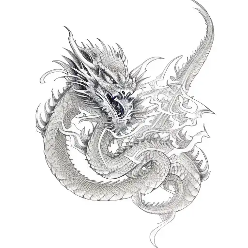 An Intricate Sketch Of A Dragon And Katana Intertwined