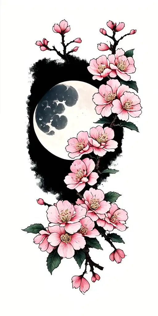 Japanese Cherry Flowers Without Branches With Moon
