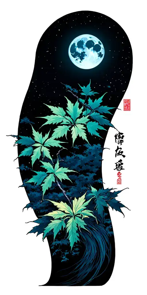 Japanese Maple With Moon And Soliel