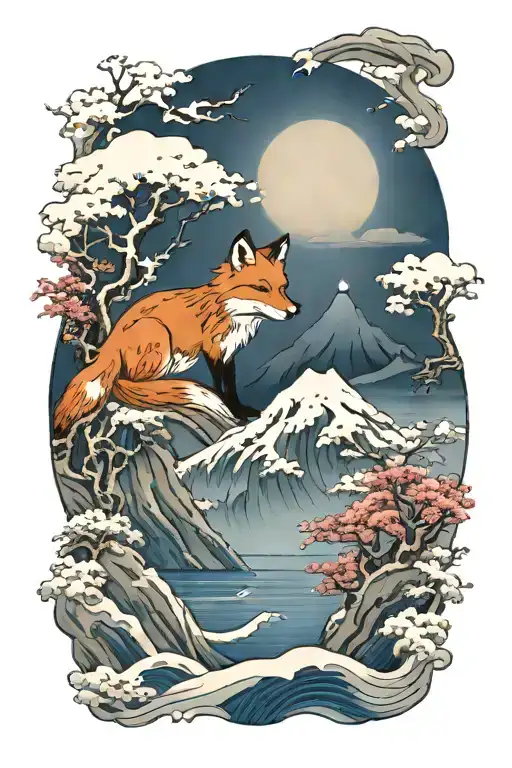 A Fox In A Snowy Japanese Landscape With Sea And Mountains