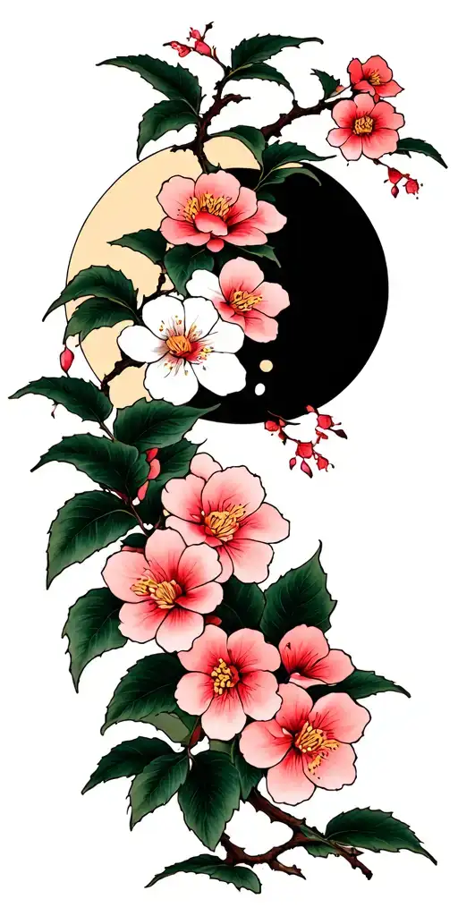 Japanese Cherry Flowers Without Branches With Moon