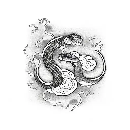 Japanese Style Snake And Koi Fish Red And Black Orange