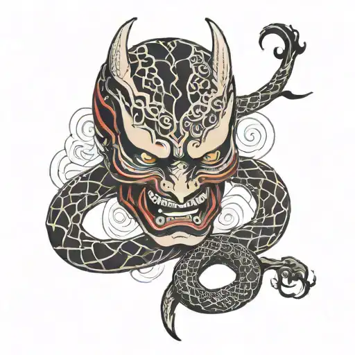 Demon Red Mask With Black Calligraphy Style Inside Snake