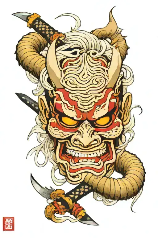 Oni Mask With Katana Surrounded By White Snake Coiled