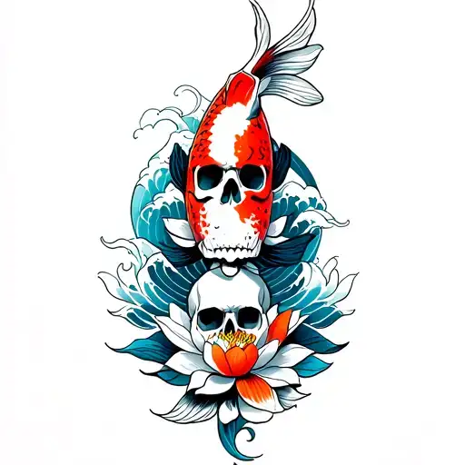 Koi Fish With Skull And Waves And Wind Forming Sround Down To A Skull W Lotus Flower