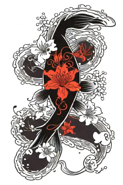 Making A Tattoo Design With Koi Fish And Cherry Blossoms And Water And Red Spider Lily's