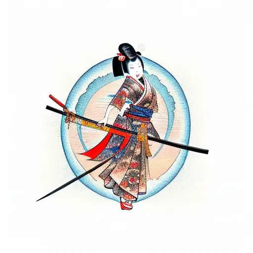 A Captivating Geisha Holding A Katana Under A Vibrant Red Sun