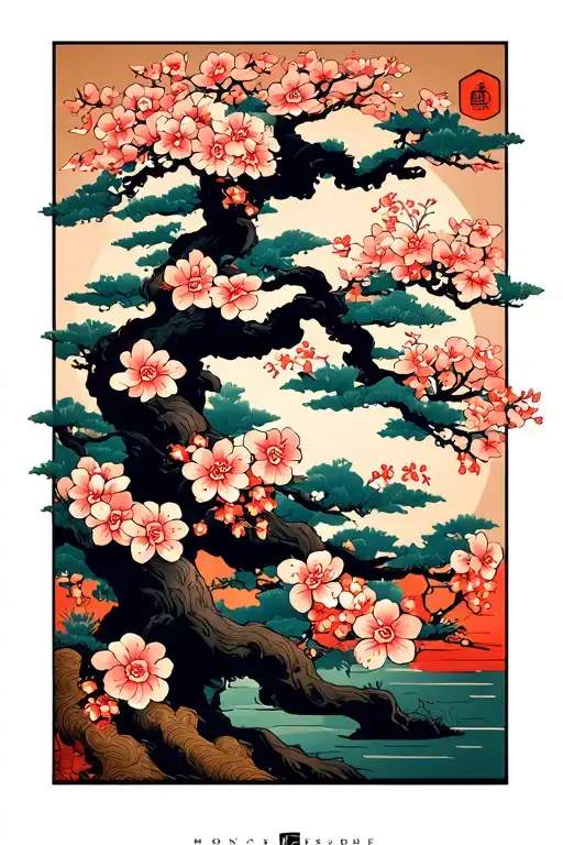 Oni And Sakura Tree Growing Tattoo