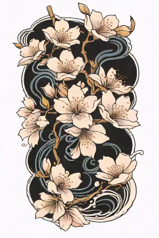 Cherry Blossom Petals On Vine With Waves Going Up Thigh