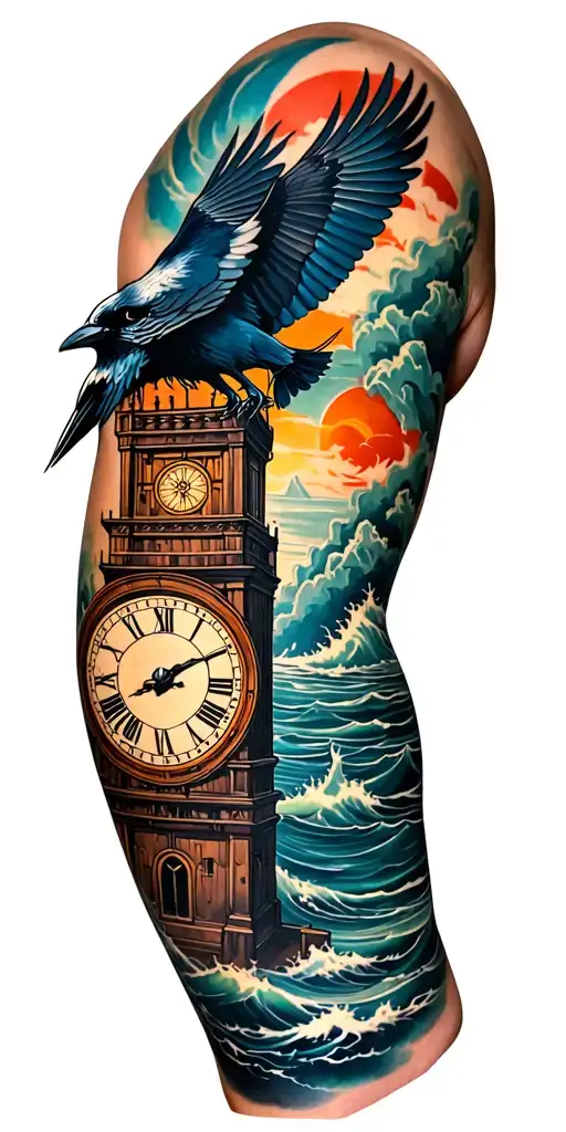 Full Sleeve Tattoo Featuring A Raven Flying Around A Clock Tower With An Ocean Background