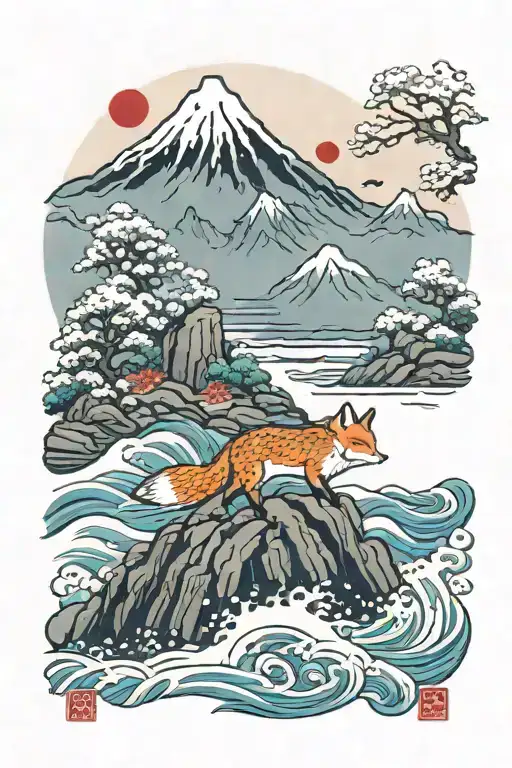 Snowy Mountains And Sea And A Fox In Japan