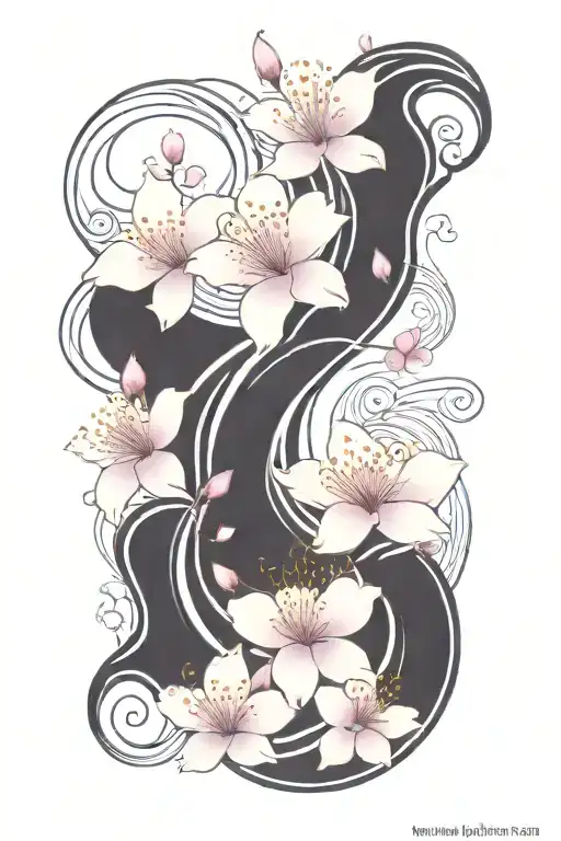 Cherry Blossom Petals On Vine With Waves Going Up Thigh