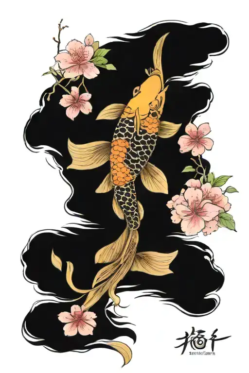 Koi Fish In Sakura Flowers