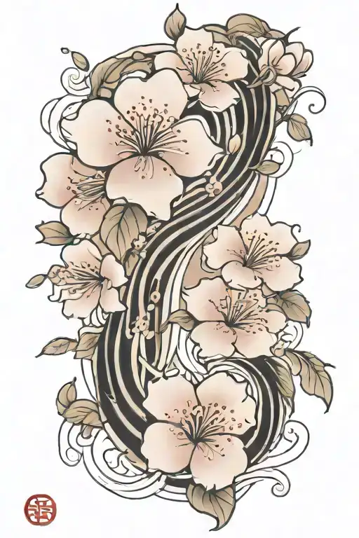 Cherry Blossom Petals On Vine With Waves Going Up Thigh