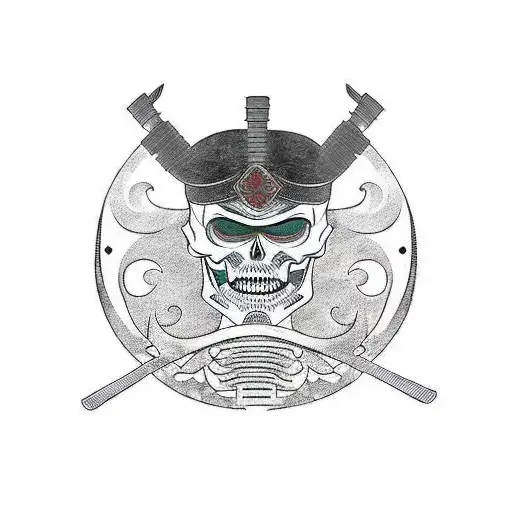 Samurai With Half Mask On The Face And The Half Of The Revealing Face Being The Skeleton