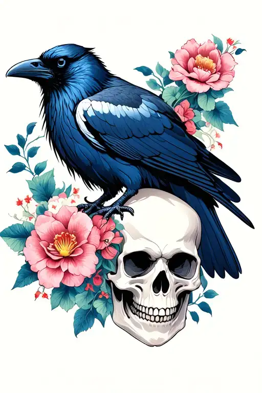 Skulls Raven Flowers Intertwined