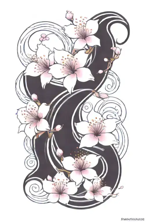 Cherry Blossom Petals On Vine With Waves Going Up Thigh