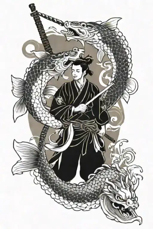 Koi Dragon And A Samari Warrior Wielding A Sword