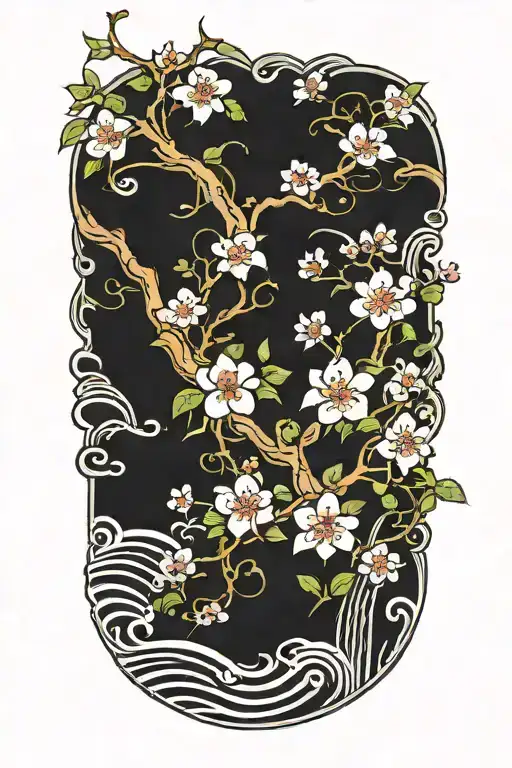 Cherry Blossom Petals On Vine With Waves Going Up Thigh