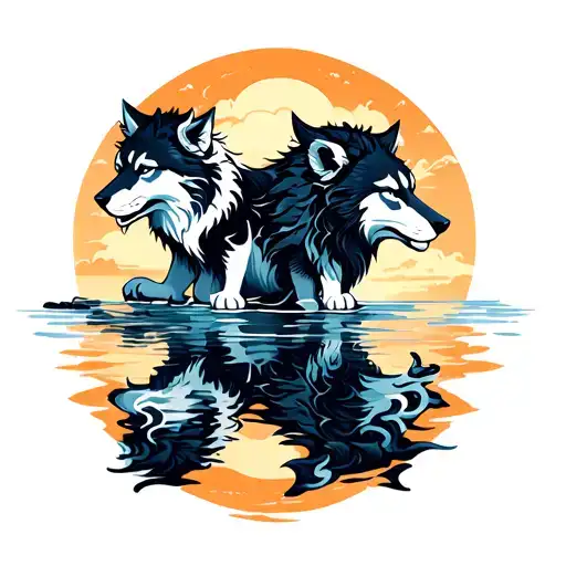 Wolf And Lion Reflection On Water