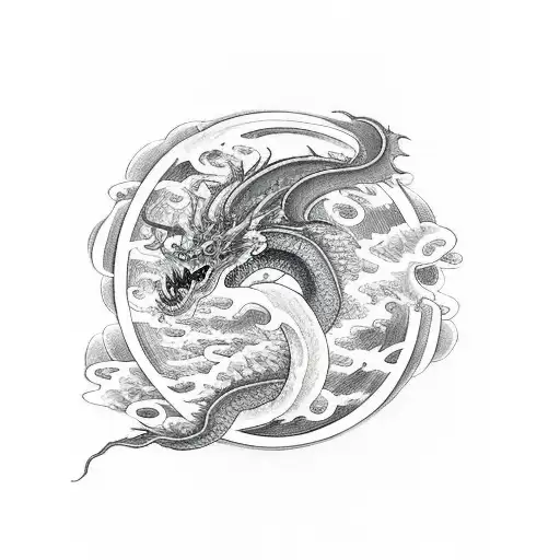A Black And Grey Sketch Of A Majestic Dragon Flying Over An Ocean Wave