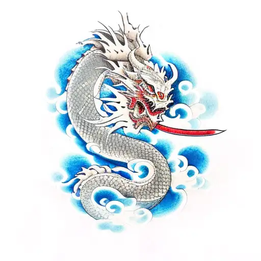 Japanese Dragon Wrapping Around A Katana With Cherry Blossoms Around It