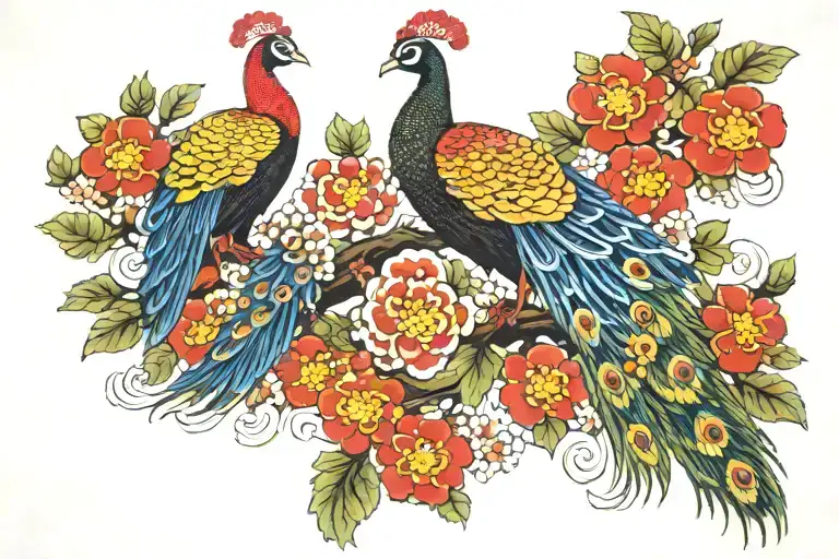Red Flowers And Peacock