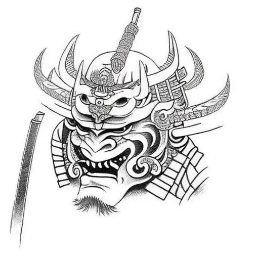 Samurai In A Demon Mask Holding A Burning Sword