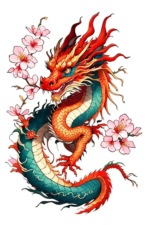 Red Dragon Intertwined With Cherry Blossoms