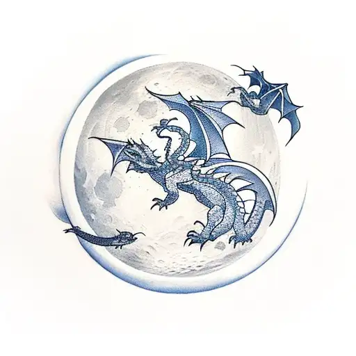 Three Baby Dragons Flying Near The Moon