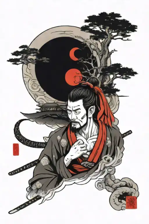Generate Me A Samurai In Profile And From Afar With A Red Moon In The Background
