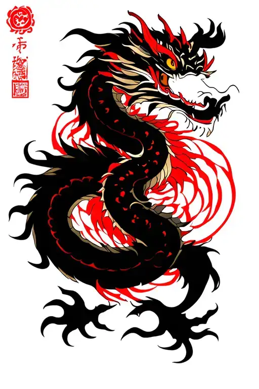 Eastern Dragon And Body With Red Lines Behind