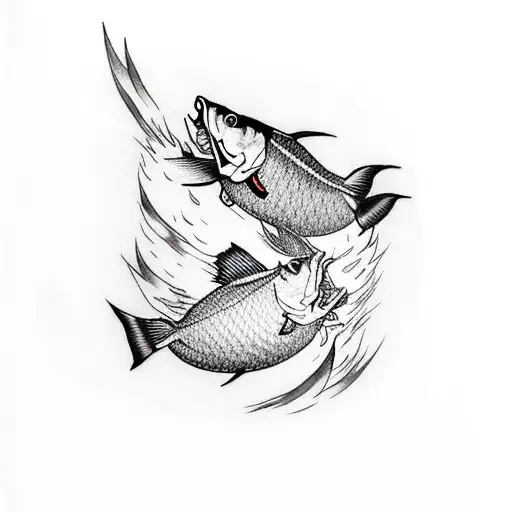 Two Carps Swimming Around A Little Boy