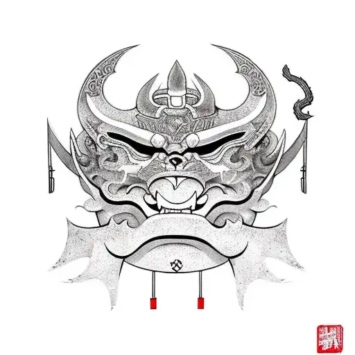 Mask Of Deamon Oni With Katana And Rift On Face With Sakura