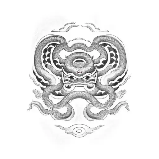 Japanese Oni Mask With A Snake Going Through The Eyes