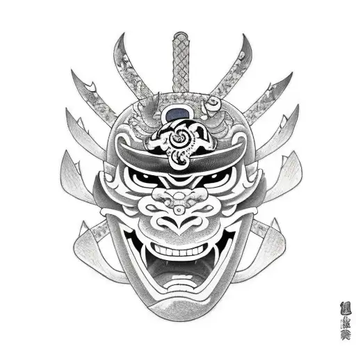 Mask Of Deamon Oni With Katana And Rift On Face