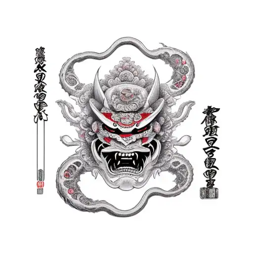 Mask Of Deamon Oni With Katana And Rift On Face With Sakura